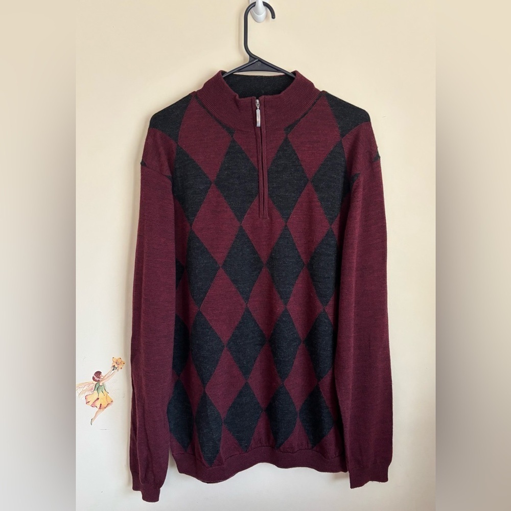 Toscano Sweater Zip-Up Argyle Pullover Burgundy Turtleneck Wool Size L Unisex - Picture 6 of 8